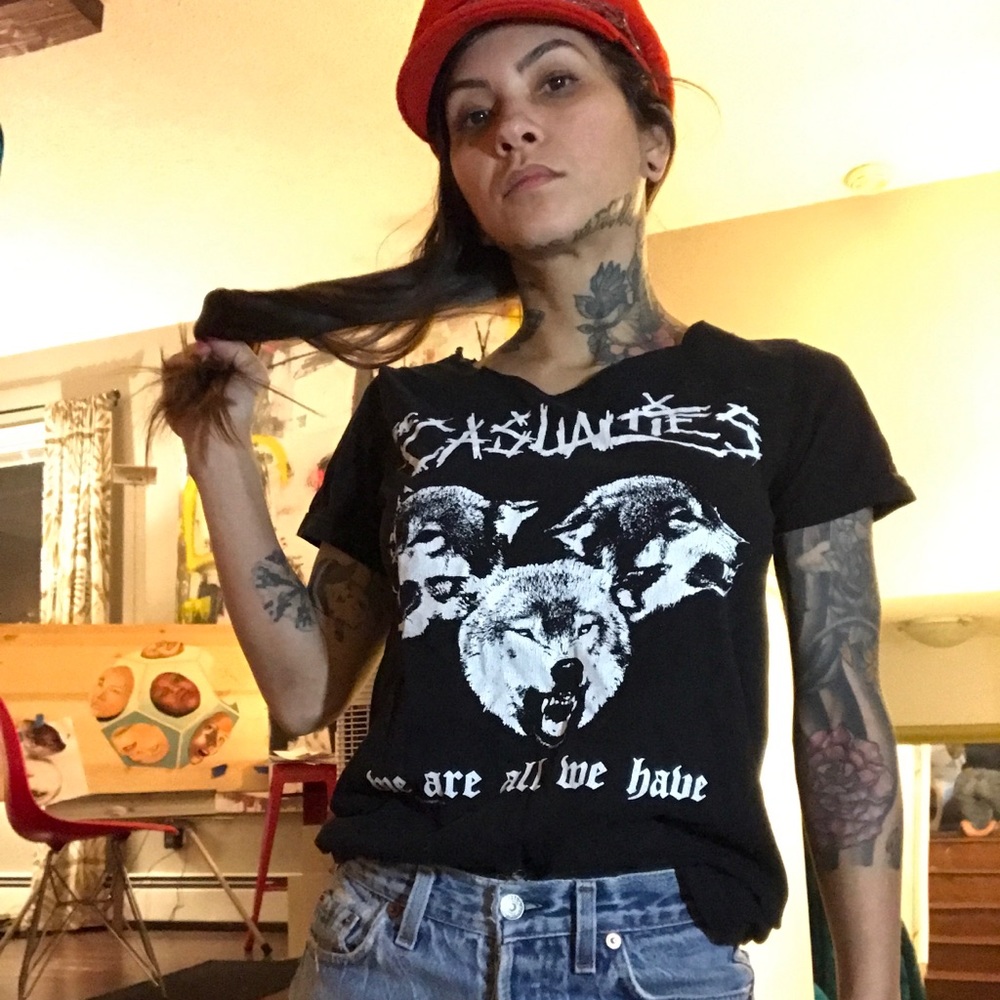 Casualties band shirt, cut out collar